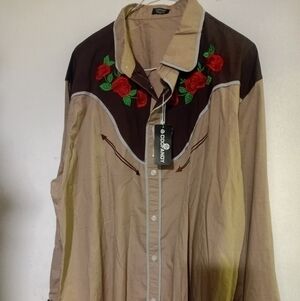 Embroidered Western Dress Shirt - Brown With Red And Green Roses Long Sleeve